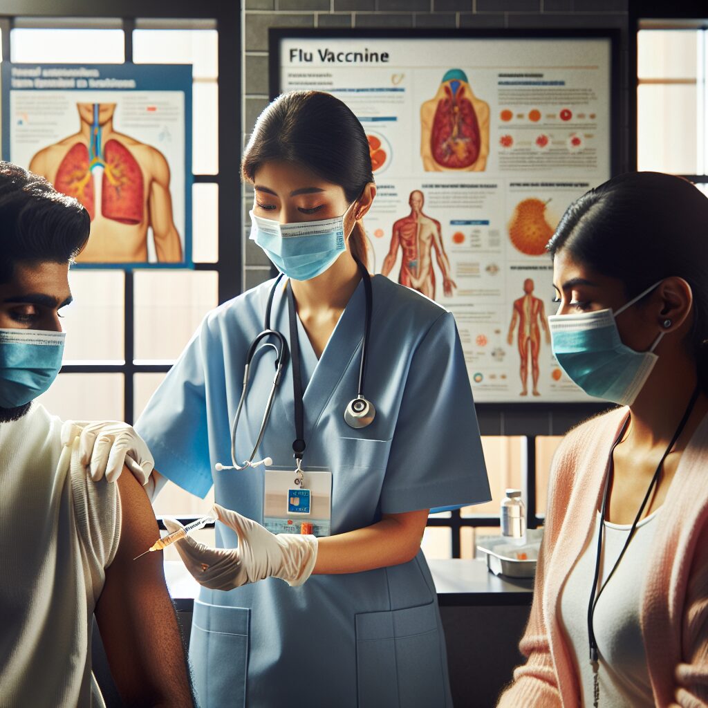 A healthcare professional administering a flu vaccine to a diverse group of people in a modern clinic, surrounded by informational posters about flu prevention.