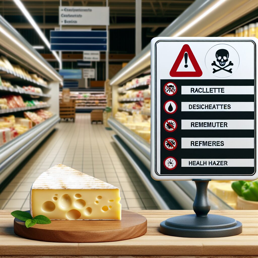 Une image montrant un fromage à raclette avec un panneau de rappel et des signes de danger sanitaire, en arrière-plan des rayons d'un supermarché.