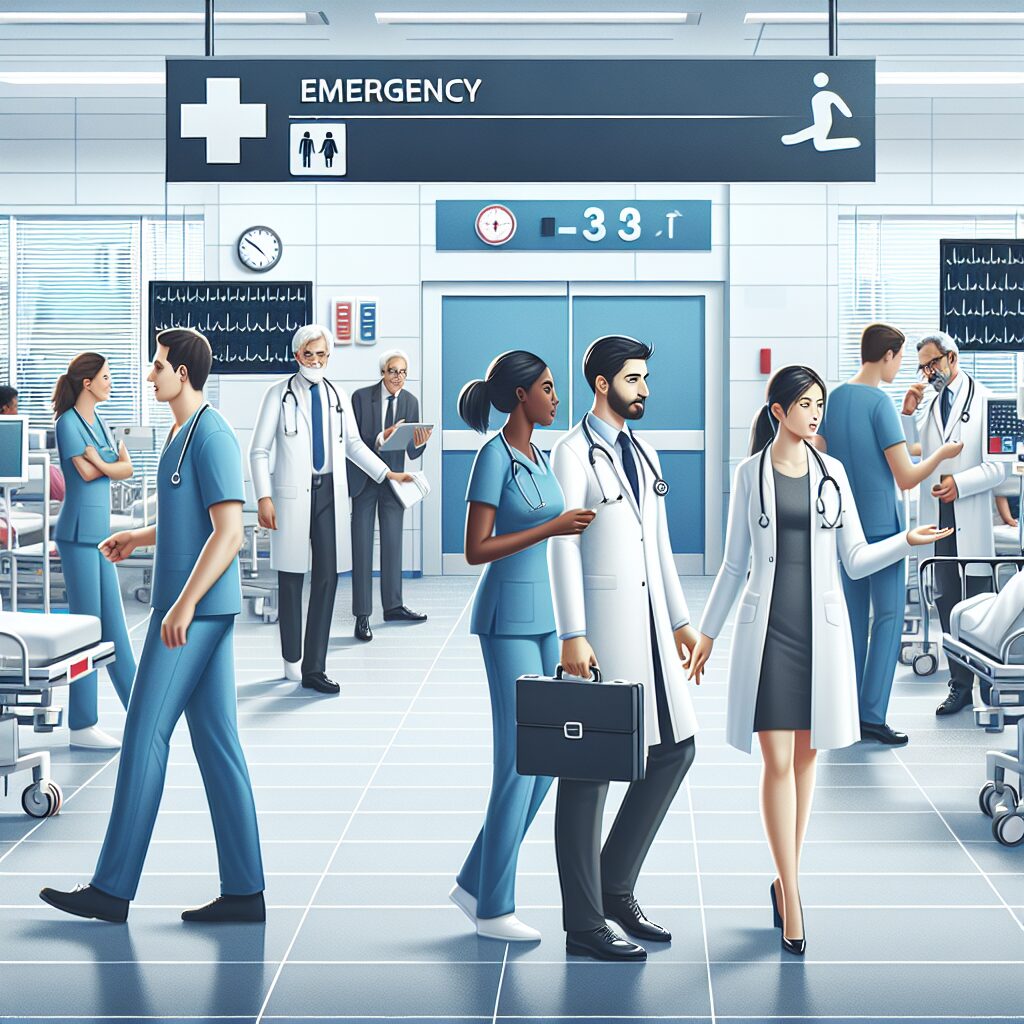 Image représentant un service d'urgences hospitalières moderne, avec des médecins et infirmières en action, accueillant des patients dans un environnement réorganisé et efficace.