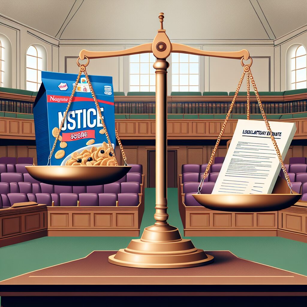 Illustration d'une balance de justice avec d'un côté un paquet de céréales affichant le Nutri-Score et de l'autre, des documents législatifs, symbolisant le débat parlementaire, avec un fond de salle d'Assemblée Nationale.
