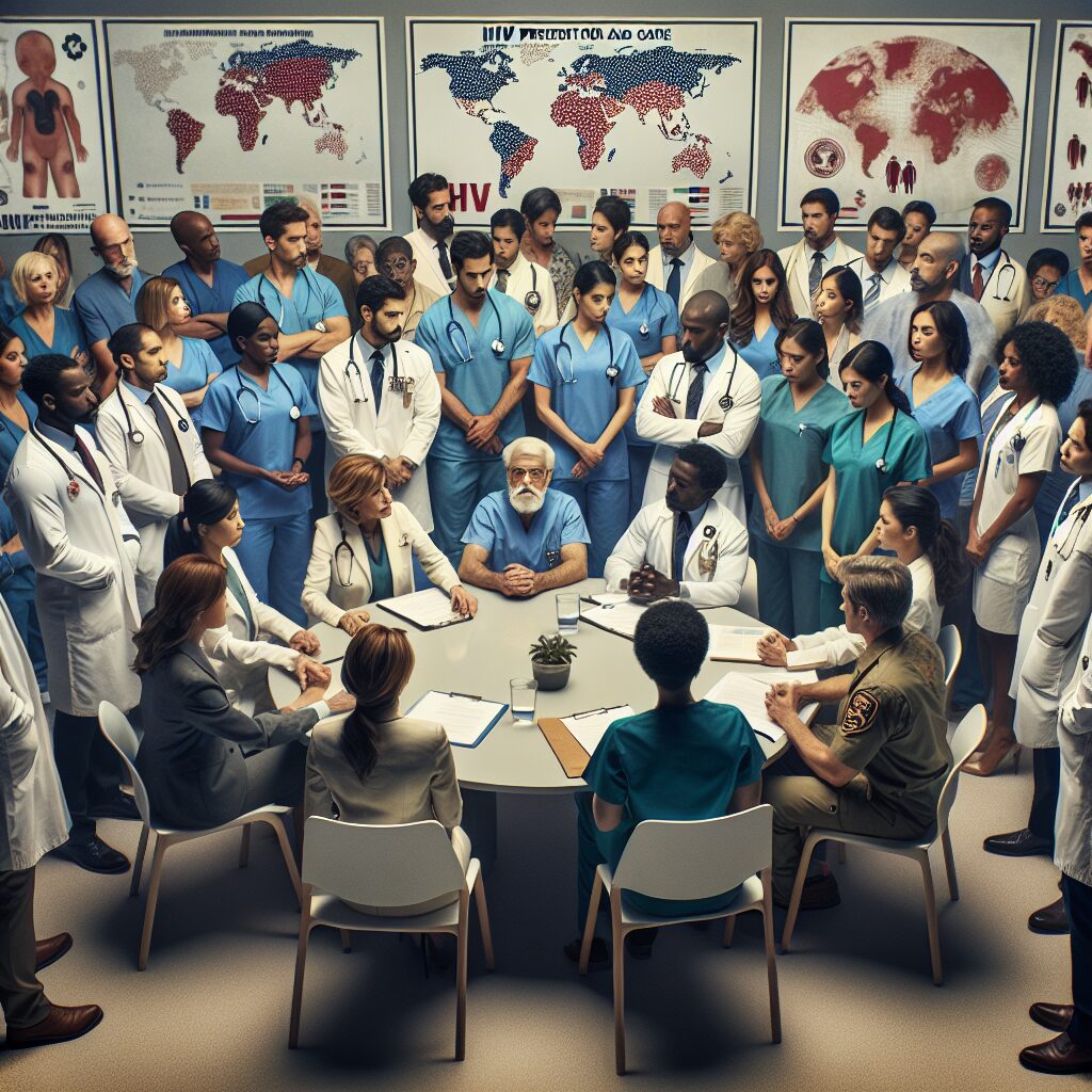 An intense and urgent scene depicting a group of diverse healthcare workers and activists huddled around a table, strategizing on countering funding cuts for HIV prevention and care, in a room filled with medical posters and global maps, emphasizing inclusivity and urgency.