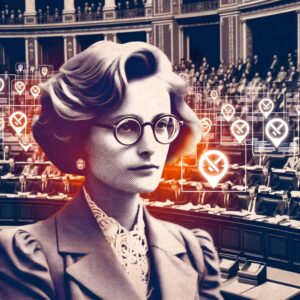 A historical illustration of Simone Veil at the French National Assembly in 1974, with a modern overlay symbolizing misinformation and debunking news.