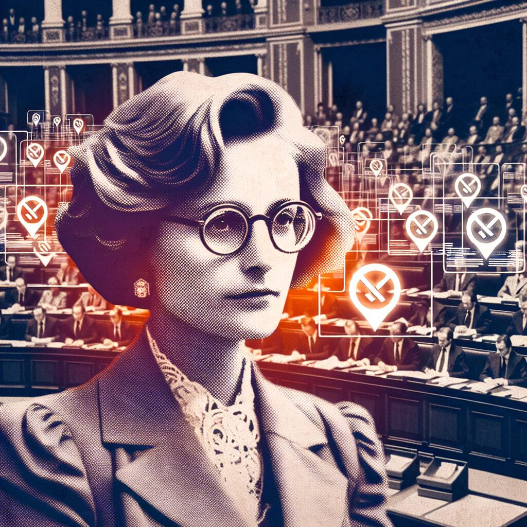 A historical illustration of Simone Veil at the French National Assembly in 1974, with a modern overlay symbolizing misinformation and debunking news.