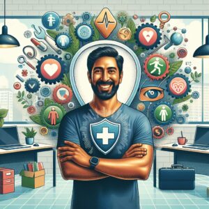 Un travailleur indépendant en pleine santé, entouré d'éléments symbolisant la protection sociale et le bien-être. L'image montre un bureau moderne, des outils de travail, et des icônes de santé et de sécurité sociale, le tout dans un style coloré et positif.