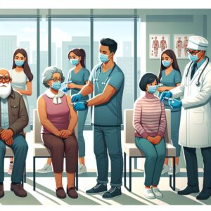 A medical illustration showing a diverse group of people of various ages getting vaccinated in a clinic setting, with a focus on elderly and middle-aged individuals, and healthcare professionals wearing protective masks and gloves administering flu vaccines.