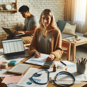 An independent worker in a cozy home office setting, surrounded by medical documents, a laptop displaying financial spreadsheets, and health-related items like a stethoscope and a calendar with marked medical appointments. The atmosphere is warm and focused, representing a balance between health management and business productivity.
