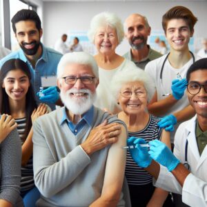 A diverse group of individuals including elderly and people with chronic illnesses receiving a flu vaccine injection in a clinic setting. They are smiling, looking relieved and safe, while a healthcare worker in uniform administers the vaccine in a positive, warm environment.