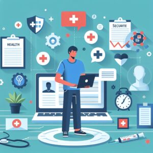 Illustration d'un travailleur indépendant entouré d'éléments symbolisant la santé et la sécurité sociale, comme des documents administratifs et des icônes de soins médicaux, dans un style moderne et informatif.