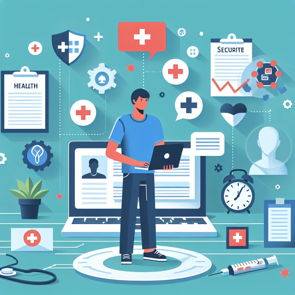 Illustration d'un travailleur indépendant entouré d'éléments symbolisant la santé et la sécurité sociale, comme des documents administratifs et des icônes de soins médicaux, dans un style moderne et informatif.