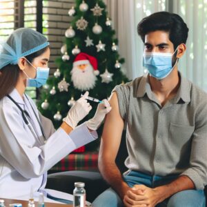 Une image montre un médecin administrant un vaccin contre la grippe à un patient dans une clinique moderne, avec des décorations de Noël en arrière-plan, soulignant l'importance de se protéger avant les festivités.