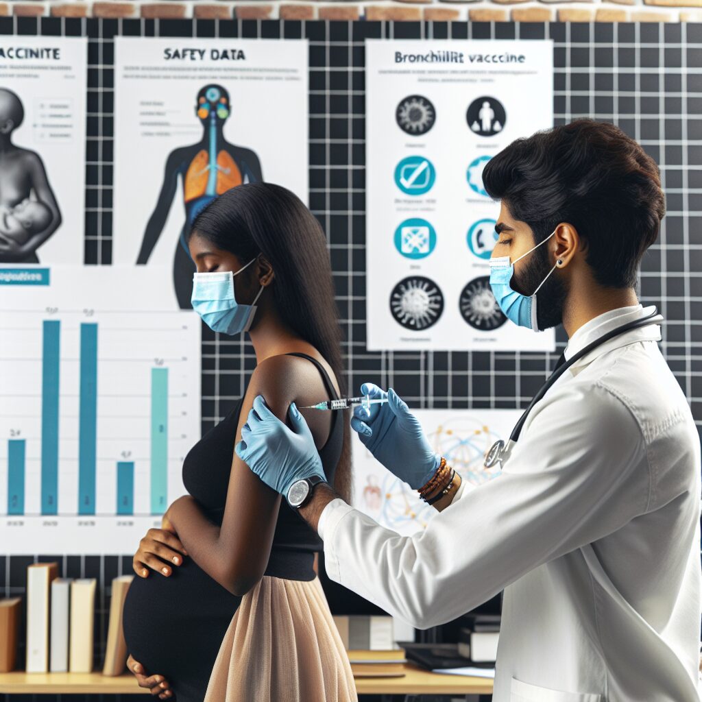 A doctor administering a vaccine to a pregnant woman in a medical setting, with scientific charts in the background illustrating safety data, symbolizing protection for infants against bronchiolitis.