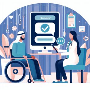 Illustration d'une personne en situation de handicap remplissant un questionnaire numérique, avec une ambiance chaleureuse et hospitalière, montrant des éléments médicaux et des symboles de communication.