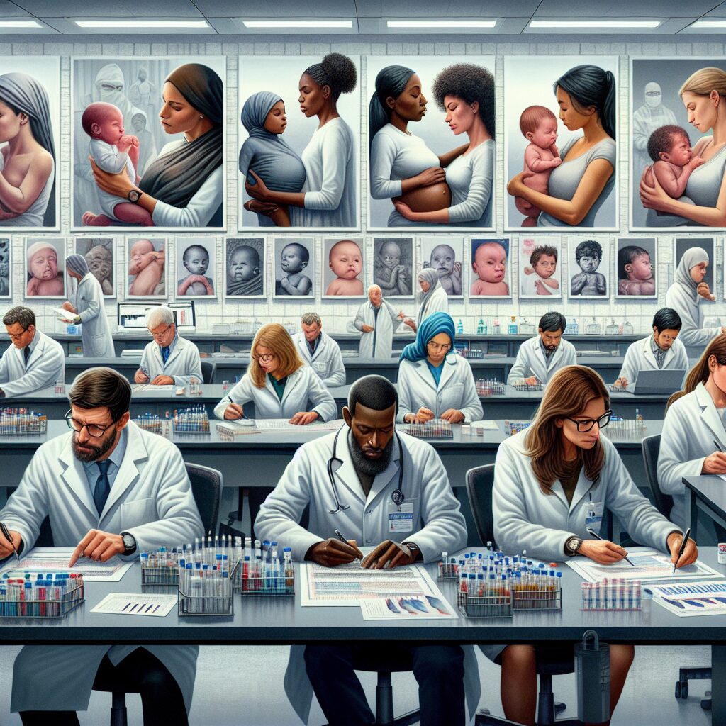 Une étude scientifique en laboratoire avec des chercheurs examinant des données sur la sécurité d'un vaccin pour femmes enceintes, avec des images de mères enceintes et de nourrissons en bonne santé.