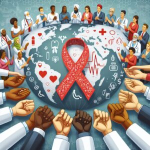 An image showcasing a global effort to combat HIV/AIDS, featuring diverse groups of people joining hands in solidarity, with visual representations of health symbols and support, under a world map background.