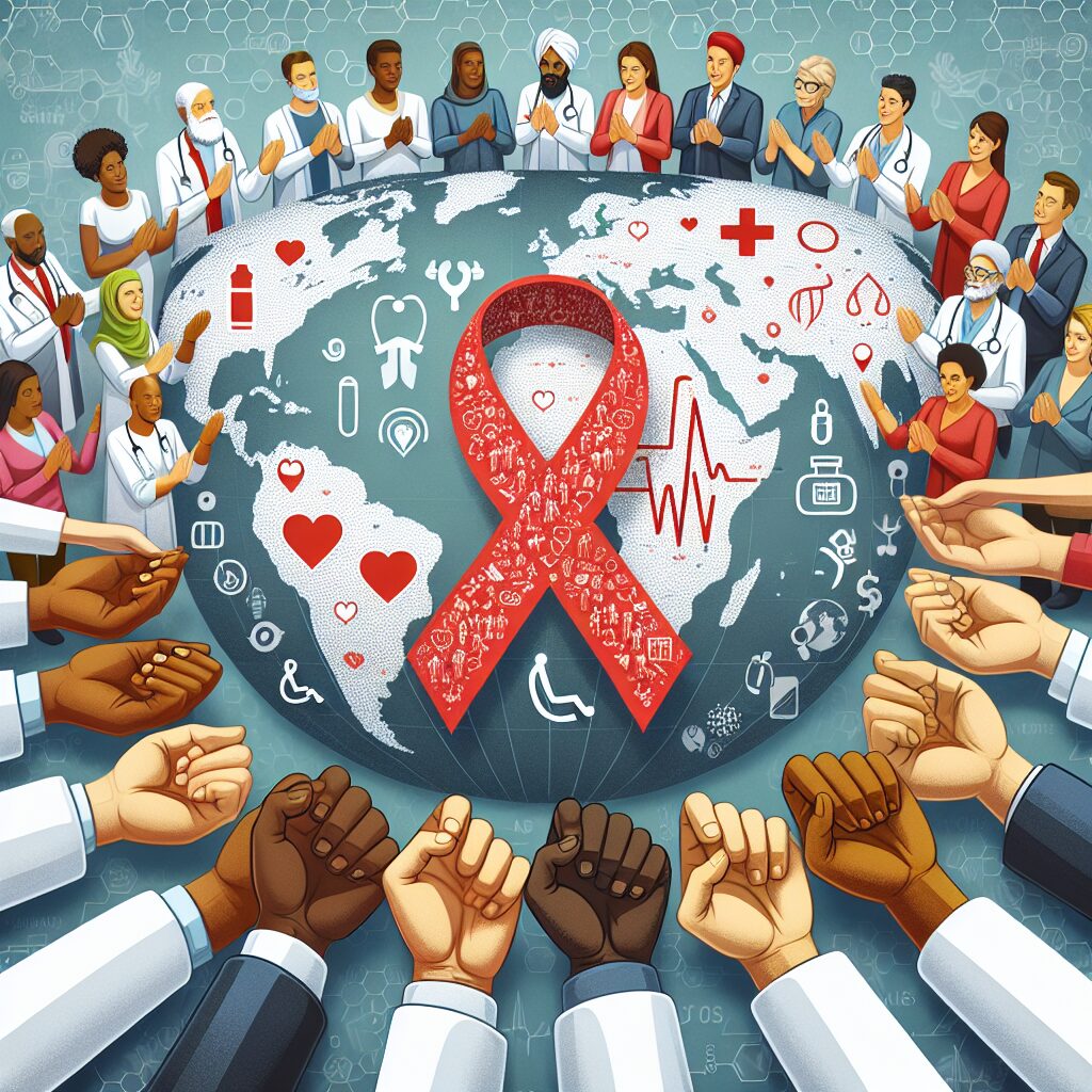 An image showcasing a global effort to combat HIV/AIDS, featuring diverse groups of people joining hands in solidarity, with visual representations of health symbols and support, under a world map background.
