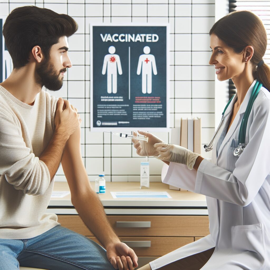 Un médecin administrant un vaccin à un patient dans une salle de consultation moderne, avec des posters éducatifs sur les murs mentionnant l'importance de la vaccination contre la grippe, ambiance lumineuse et rassurante.