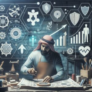 Image d'un artisan travaillant dans son atelier, entouré des symboles de la santé et du bien-être, avec des éléments graphiques représentant une croissance d'entreprise et une protection sociale.