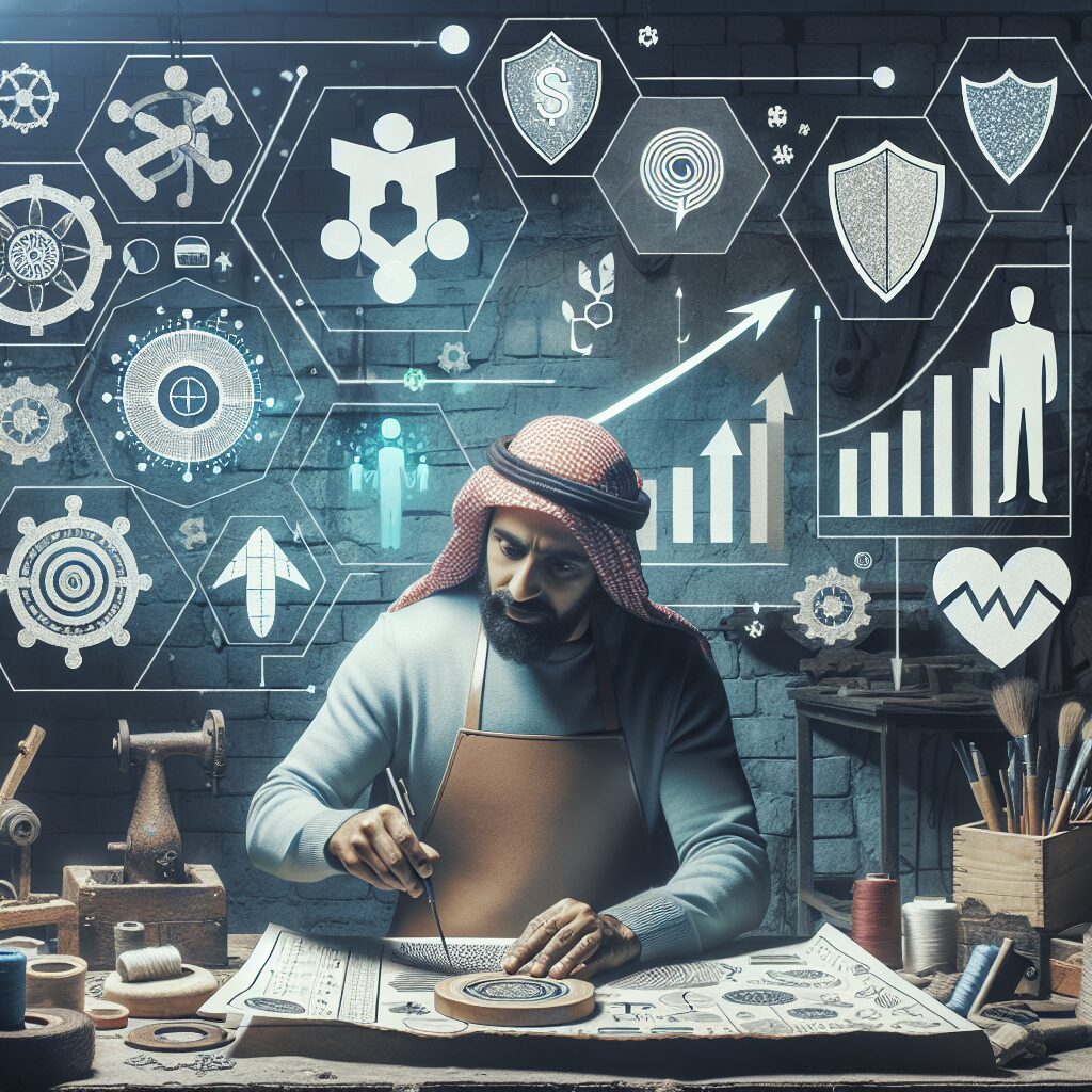 Image d'un artisan travaillant dans son atelier, entouré des symboles de la santé et du bien-être, avec des éléments graphiques représentant une croissance d'entreprise et une protection sociale.