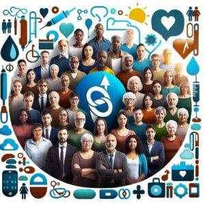 Un groupe de personnes de divers âges et origines avec des symboles de diabète, entourés d'éléments visuels évoquant la santé mentale, dans un cadre serein et accueillant.