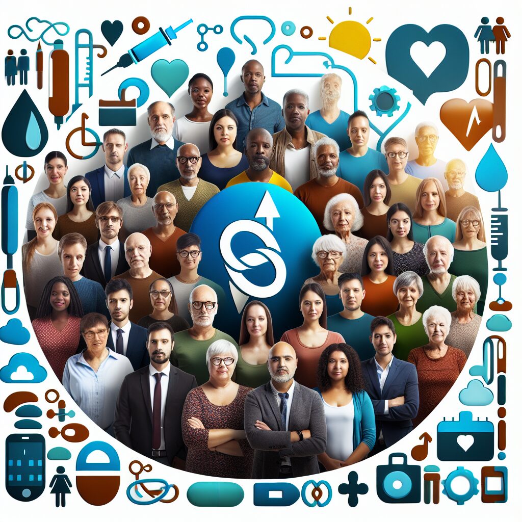 Un groupe de personnes de divers âges et origines avec des symboles de diabète, entourés d'éléments visuels évoquant la santé mentale, dans un cadre serein et accueillant.