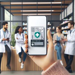Un smartphone affichant l'application Carte Vitale, icône de santé numérique, main tenant le téléphone, arrière-plan de pharmacie moderne avec des professionnels de santé en train de discuter.