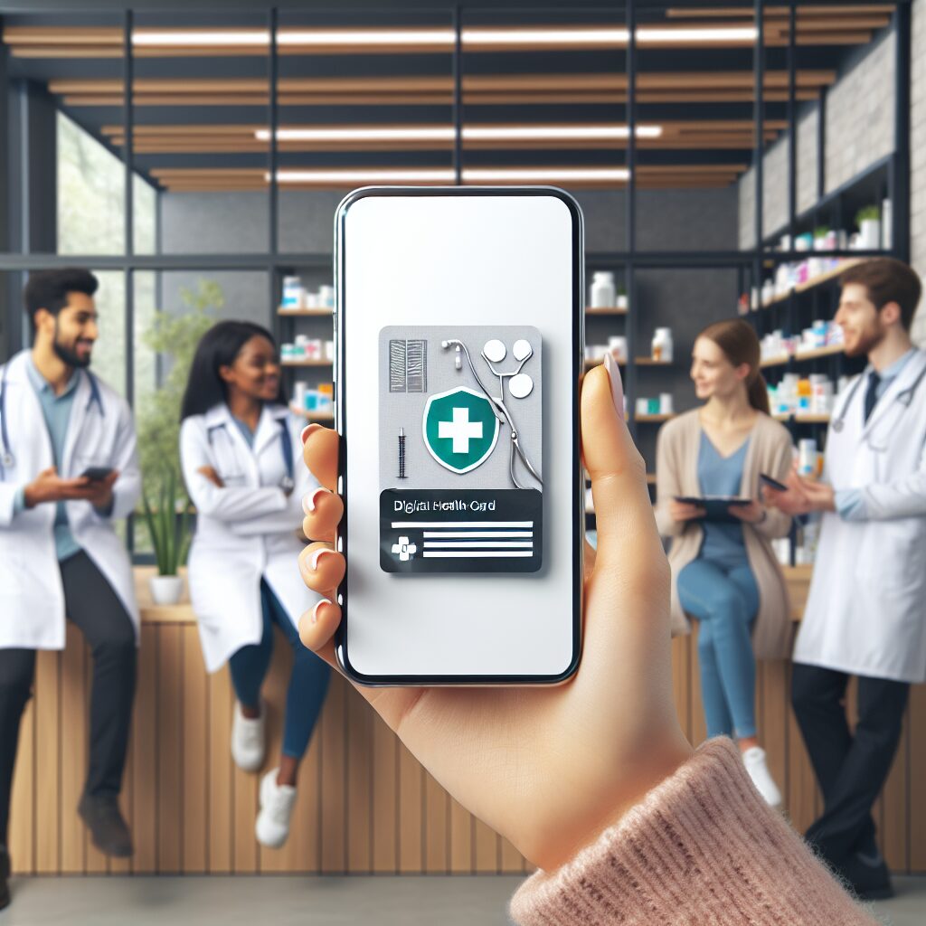 Un smartphone affichant l'application Carte Vitale, icône de santé numérique, main tenant le téléphone, arrière-plan de pharmacie moderne avec des professionnels de santé en train de discuter.