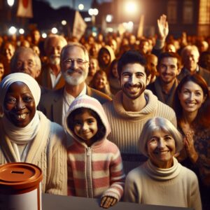 A hopeful crowd gathered at a Telethon event in France, diverse people of all ages with bright expressions, donation boxes in the foreground, colorful festive atmosphere, evening lighting.