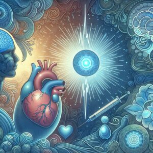 An illustration depicting the intertwined themes of diabetes and mental health, featuring symbols like a blue circle for diabetes, a brain, and a heart, with a calming background that reflects health and well-being.