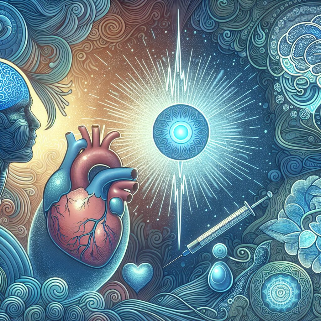 An illustration depicting the intertwined themes of diabetes and mental health, featuring symbols like a blue circle for diabetes, a brain, and a heart, with a calming background that reflects health and well-being.