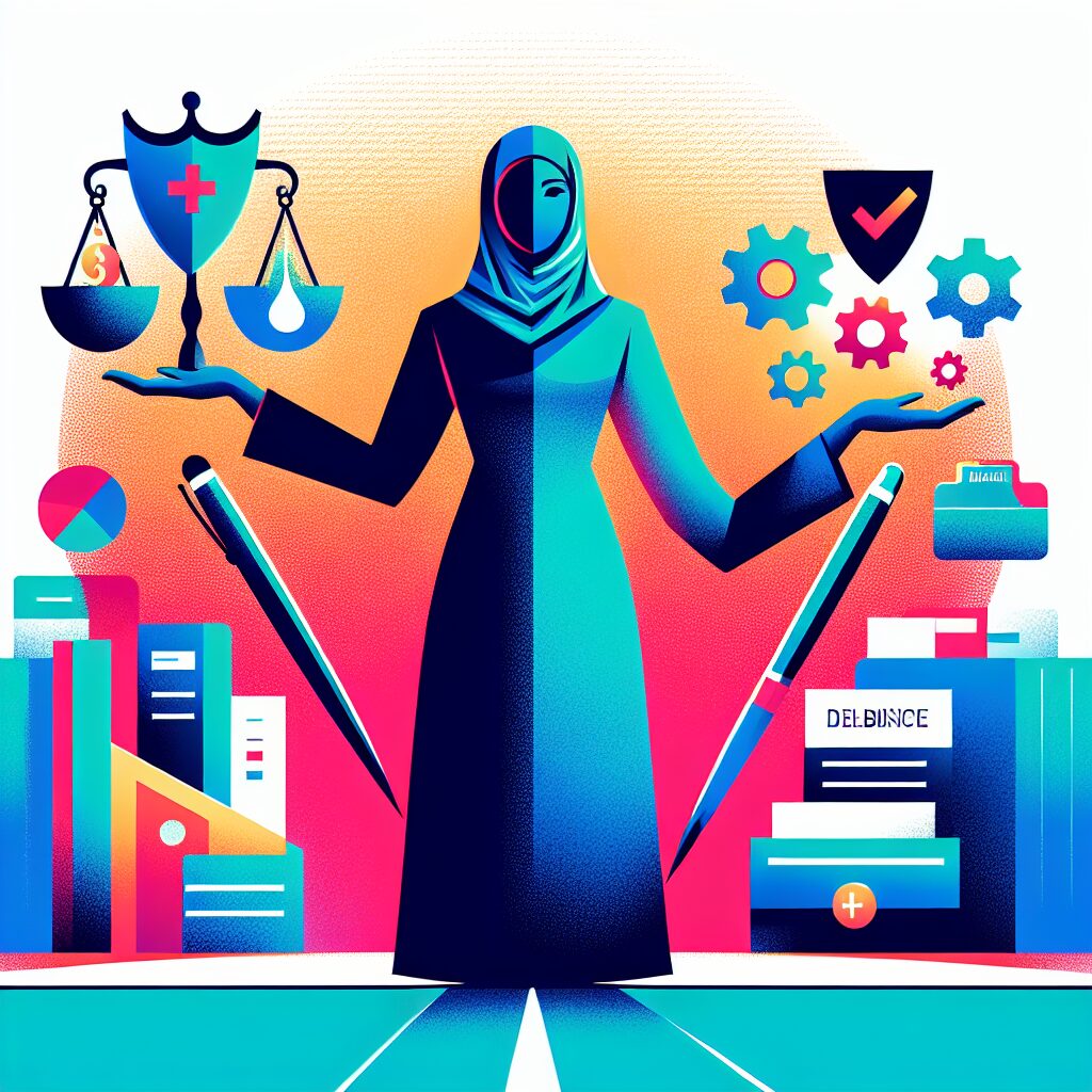 Illustration d'un travailleur indépendant, équilibrant symboliquement sa santé et son entreprise, avec des éléments visuels de documents administratifs et d'outils de travail. Style moderne et dynamique, couleurs vives.