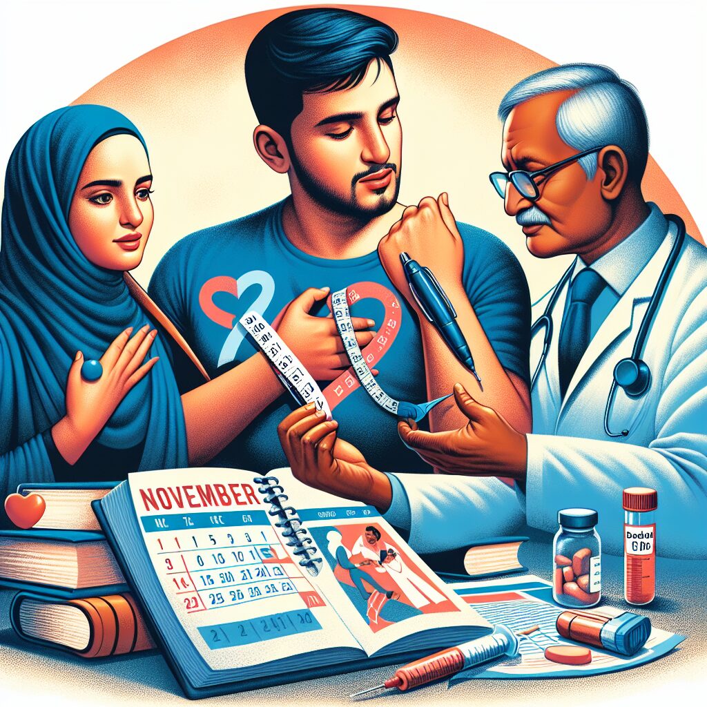 A thoughtful depiction of the intersection between mental health and diabetes, showing diverse individuals managing diabetes with a focus on both physical and mental well-being, set against a backdrop of calendar marking November 14, symbolizing the World Diabetes Day.