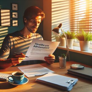 Un travailleur indépendant assis à son bureau, consultant des documents administratifs sur la santé, avec des plantes vertes et une tasse de café sur le bureau, lumière chaude de fin d'après-midi, style réaliste.