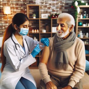 Un professionnel de santé administrant un vaccin à une personne âgée dans un cabinet médical chaleureux et accueillant, avec des décorations hivernales en arrière-plan.