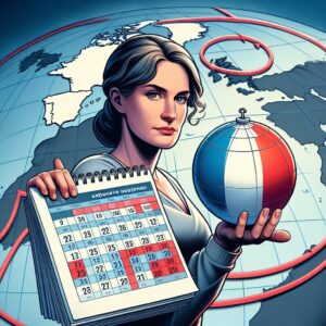 A French woman, determined and focused, standing with a globe in one hand and a calendar marked with long waiting periods in the other, symbolizing the challenges of accessing ovocyte freezing services. In the background, a map showing France and Spain connected by a red line.