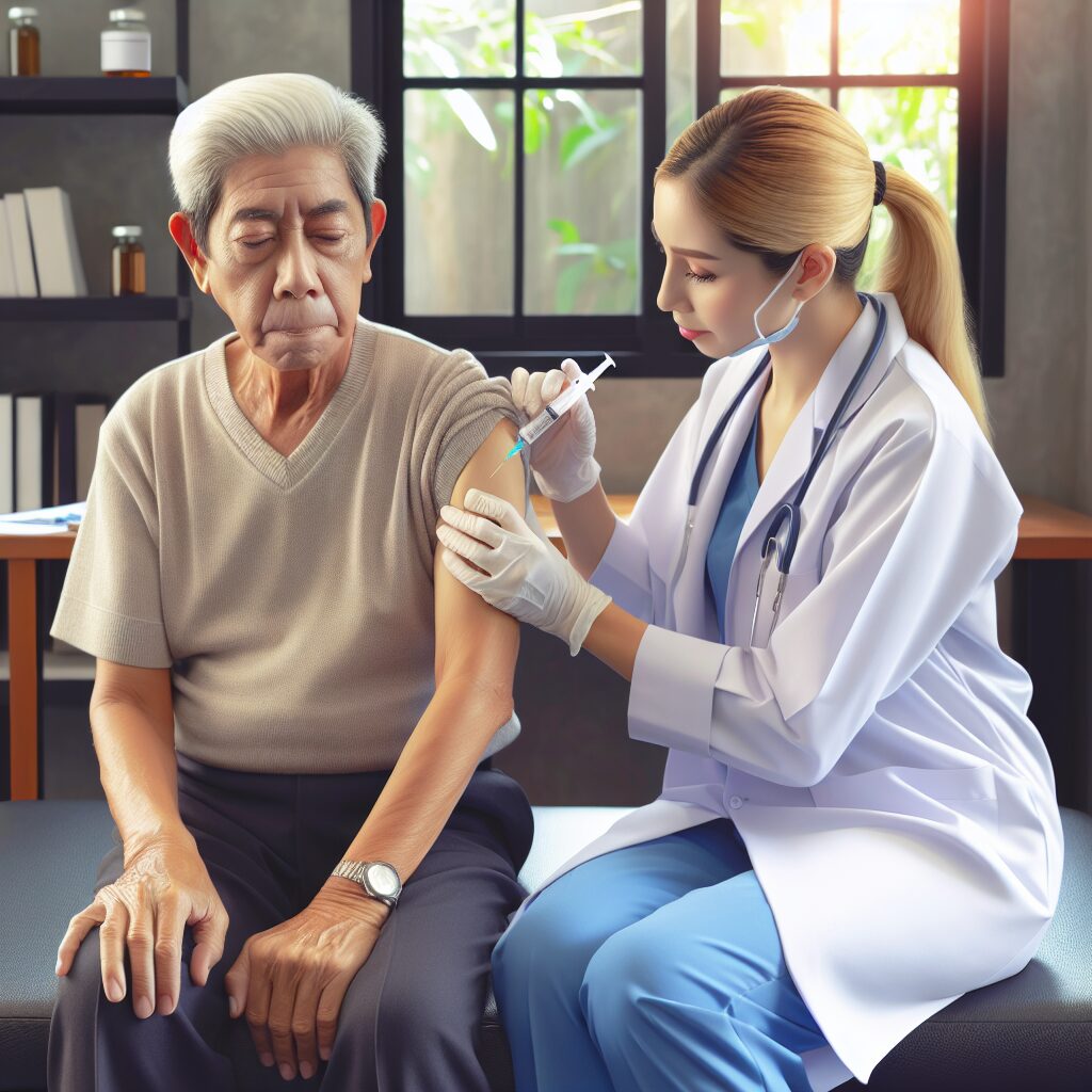 A worried elderly person with a chronic illness sitting in a doctor's office, receiving a flu vaccination from a healthcare professional. The setting is a calm, medical environment with a focus on prevention and care.