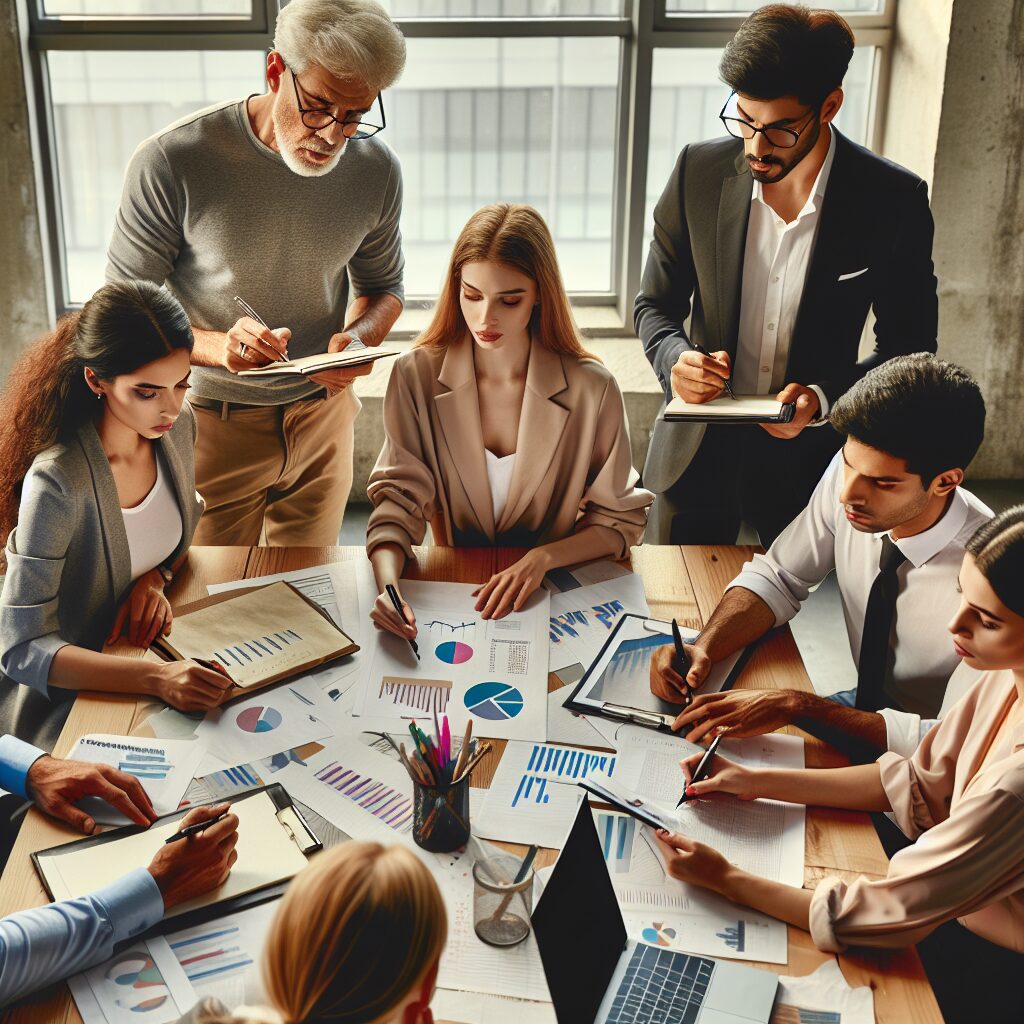 A professional setting with a diverse group of self-employed workers, including artisans, merchants, and freelancers, discussing health and business protection. They are looking at charts and documents in an office environment.