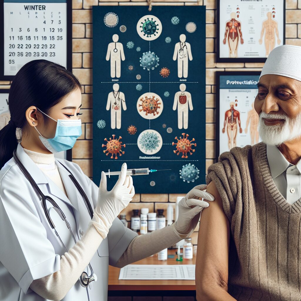 An image depicting a healthcare professional administering a flu vaccine to an elderly patient, symbolizing protection against seasonal illnesses, with a backdrop of medical charts and flu-related symbols.