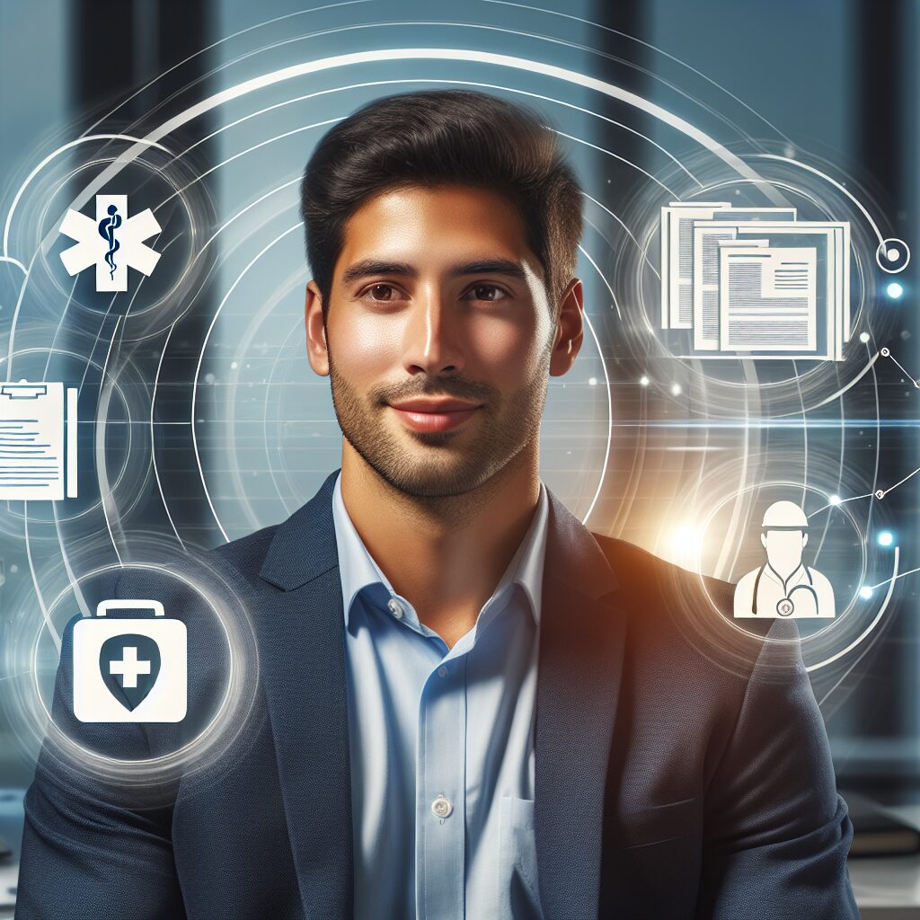 Illustration d'un travailleur indépendant serein, entouré d'éléments symbolisant la santé et la sécurité d'une entreprise, comme une mallette médicale et des documents administratifs.