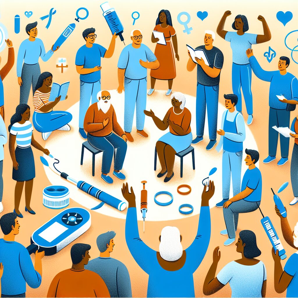 An illustration showing a diverse group of people engaged in activities promoting mental health awareness, featuring symbols of diabetes, such as insulin and blood sugar monitors, set in a vibrant and supportive community atmosphere.