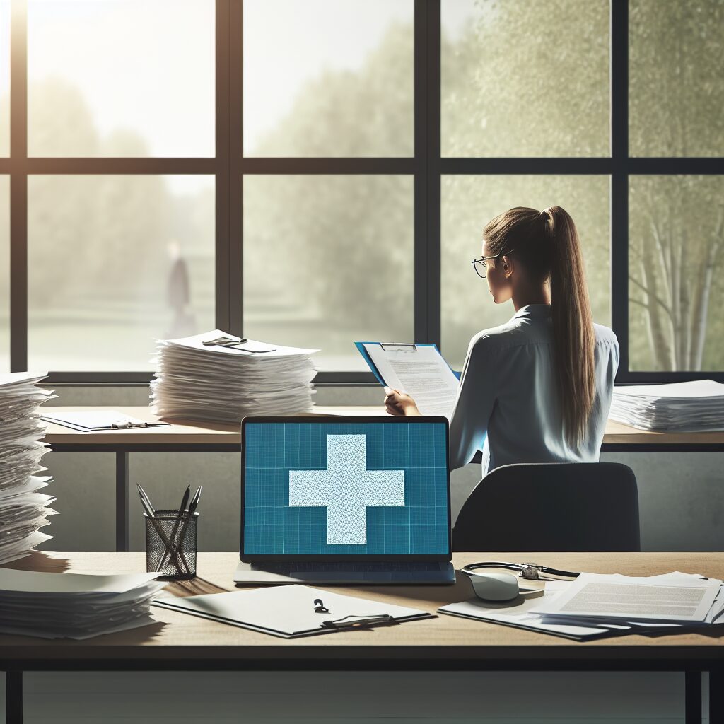 A worker at a desk surrounded by papers, laptop open with a medical cross symbol on the screen, symbolizing health care planning, set in a brightly lit modern office with a view of nature outside to suggest balance and well-being.