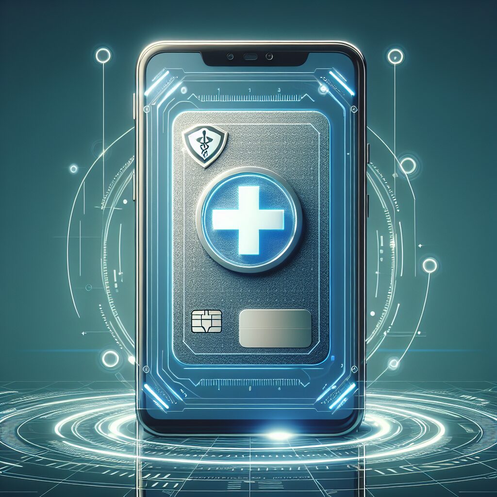 A modern smartphone displaying a digital card with the French health service logo, surrounded by futuristic digital symbols, in a clean and professional style.