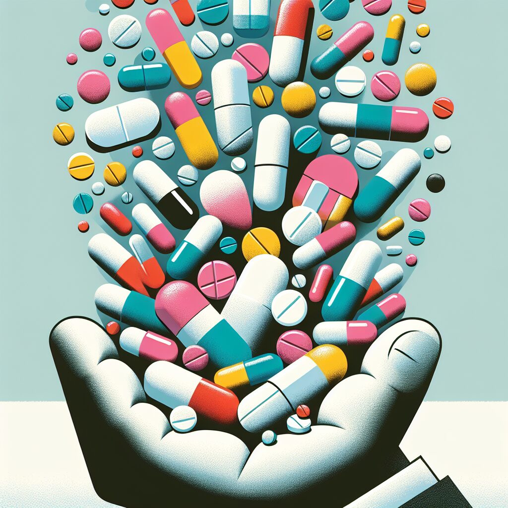 Illustration d'une main tenant plusieurs pilules colorées, symbolisant la complexité et les dangers potentiels des médicaments listés par la revue Prescrire en 2025, avec une mise en scène sobre et informative.