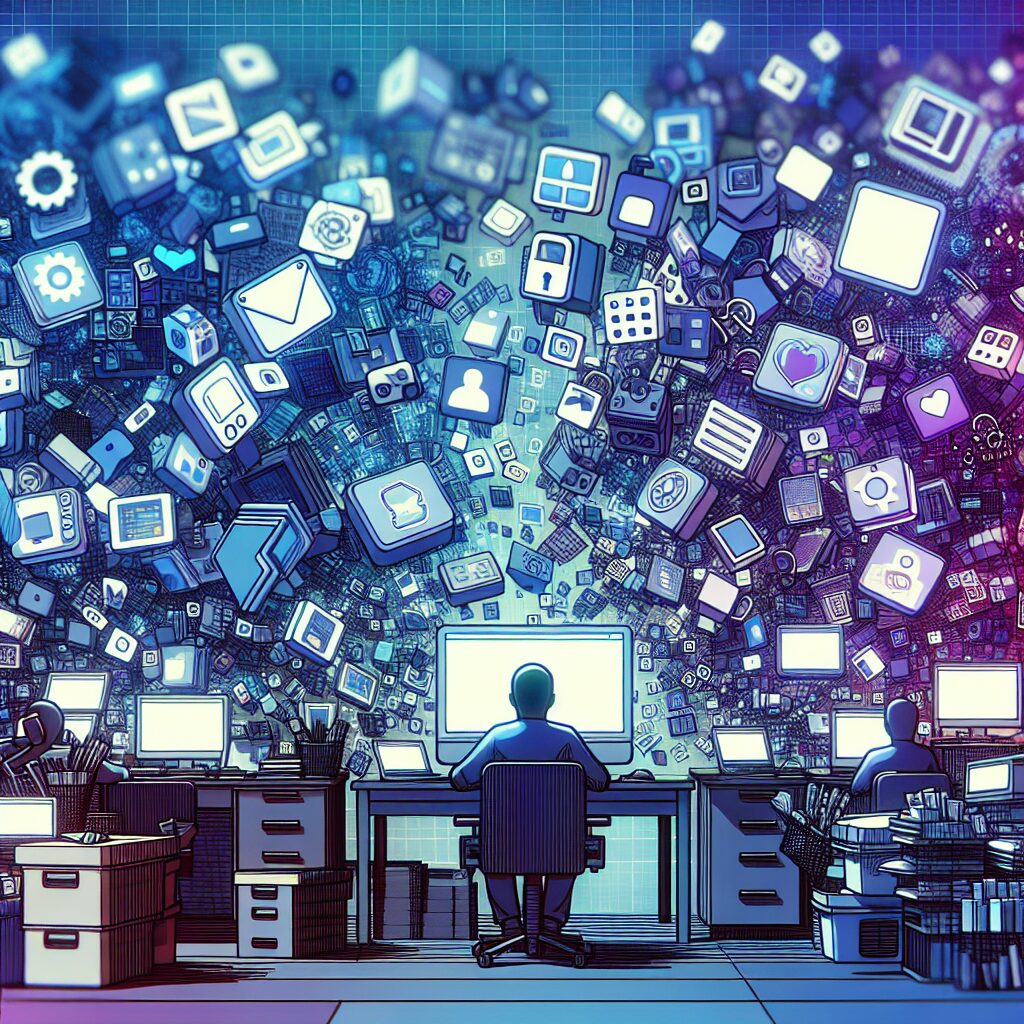 A cluttered digital desktop, filled with various digital files and icons, representing digital hoarding with a background of an overwhelmed person looking at the screen, in a tech-inspired color palette