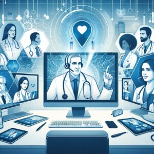 Image de médecins en visioconférence avec des patients, représentant le concept de télécontrôle dans le domaine médical, avec des éléments technologiques et un environnement moderne.