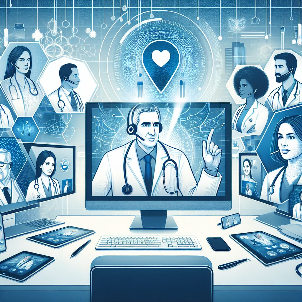 Image de médecins en visioconférence avec des patients, représentant le concept de télécontrôle dans le domaine médical, avec des éléments technologiques et un environnement moderne.