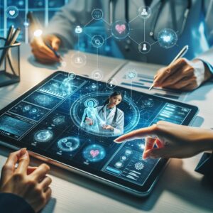 An illustration showing a virtual consultation between a patient and a doctor on a digital device, highlighting a futuristic approach to remote medical checks, with elements representing healthcare, technology, and connectivity.