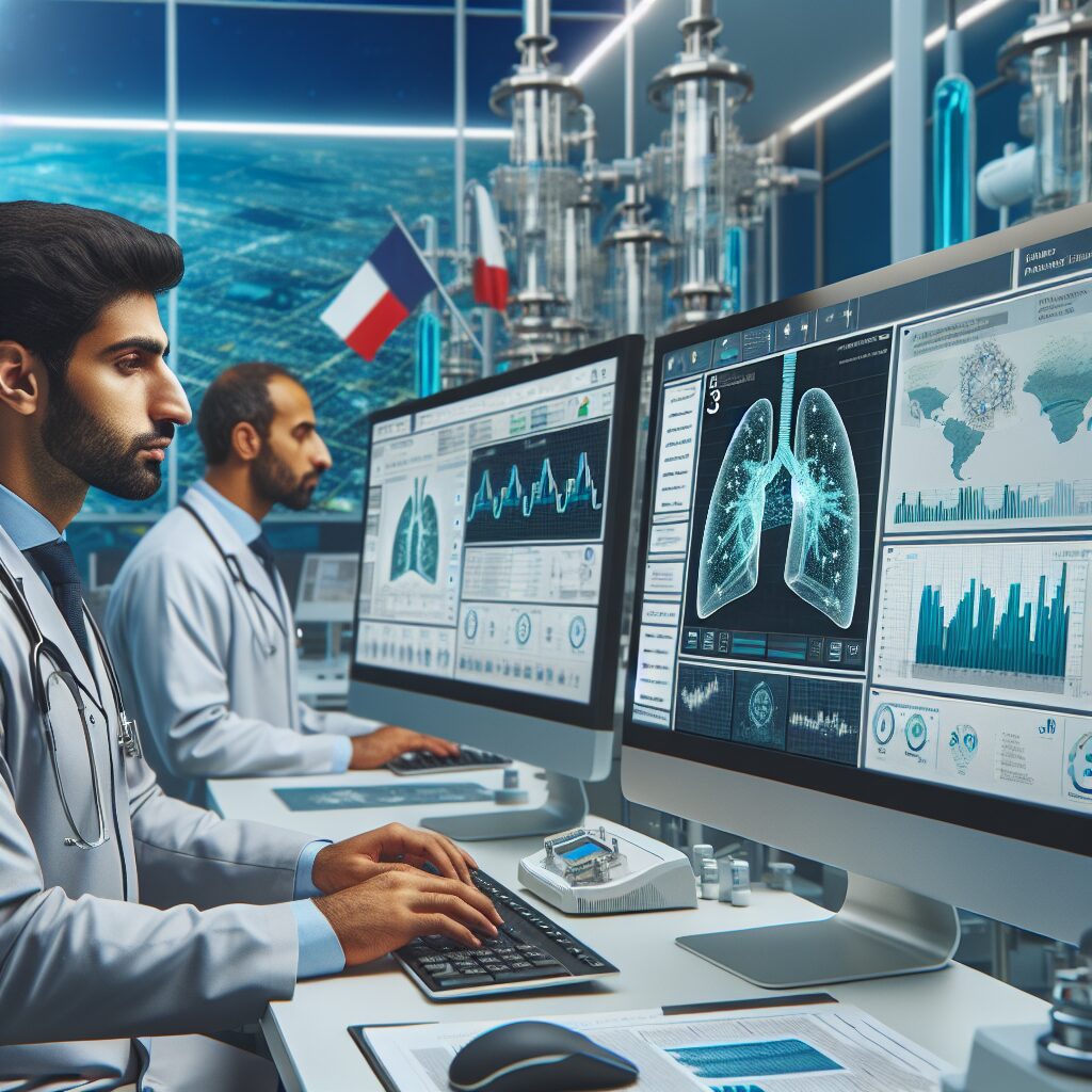 Image illustrating a medical professional analyzing data on a computer screen, with graphics representing lung health and exposure, surrounded by laboratory equipment and a French map in the background.