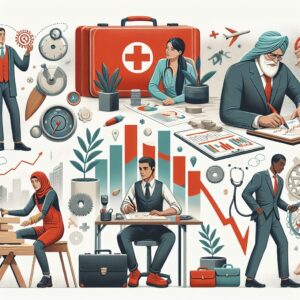 An illustration showing a diverse group of self-employed individuals, such as an artisan, a merchant, and a freelancer, all engaging in activities that promote health and well-being, set in a professional environment, with symbols of health and safety like a first aid kit, a stethoscope, and financial growth graphs.
