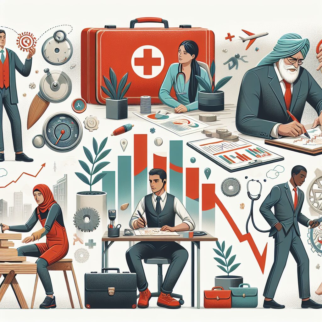 An illustration showing a diverse group of self-employed individuals, such as an artisan, a merchant, and a freelancer, all engaging in activities that promote health and well-being, set in a professional environment, with symbols of health and safety like a first aid kit, a stethoscope, and financial growth graphs.