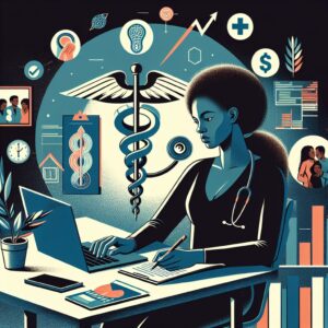 A freelancer working at a desk, surrounded by elements representing health and business stability, such as medical symbols, finance charts, and family photos, in a modern, colorful illustration style.